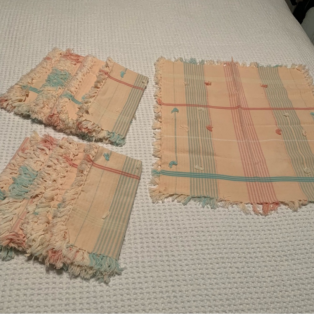Set of 9 Cotton Table Napkins Peach and Turquoise with Fringe